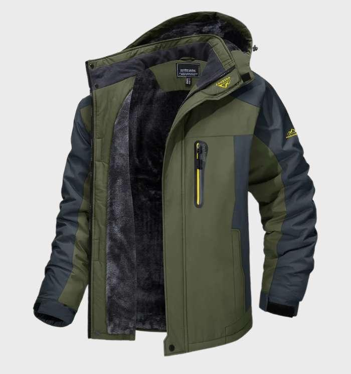 Olive green and grey hooded jacket, unzipped to show the thick dark fleece lining 2