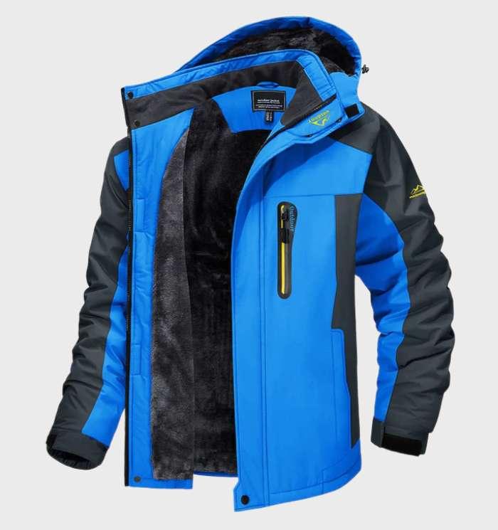 Bright blue and grey version of the hooded jacket, open to show the fleece lining 3