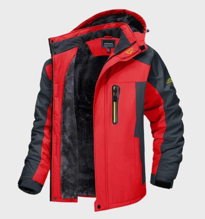 Red and grey version of the hooded jacket, unzipped to reveal the thick fleece lining 4