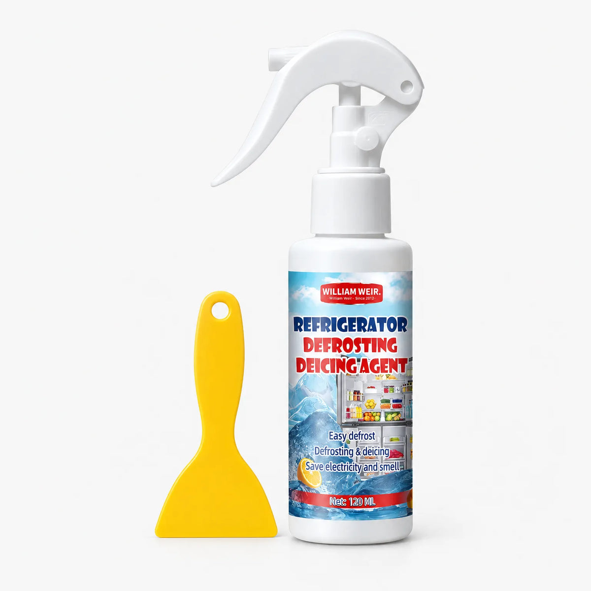 White trigger spray bottle with a yellow scraper beside it on a pale grey background 17