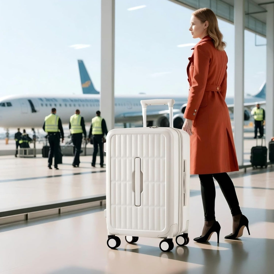 Airport-approved 55 cm hand luggage with a 30:70 split and a three-part polycarbonate hard shell.