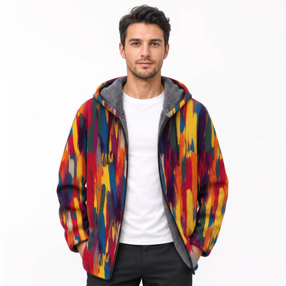 Model wearing the open jacket in a vertical brushstroke print of red, yellow, blue and green 17