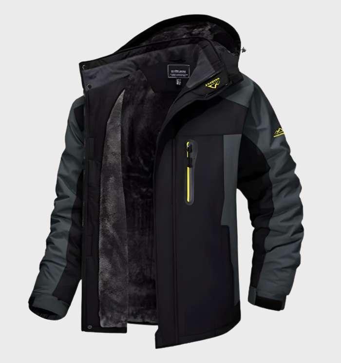 Black and dark grey version of the jacket, open to show the fleece lining and hood 5