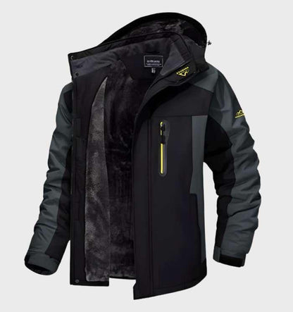 Black and charcoal grey version of the hooded jacket, open at the front to show fleece lining 4