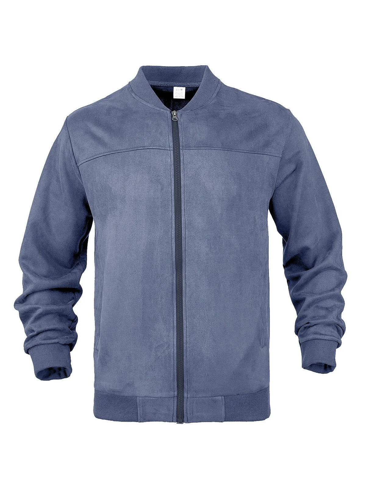 Blue zip-up jacket laid flat from the front, showing yoke seam, ribbed cuffs and hem 17