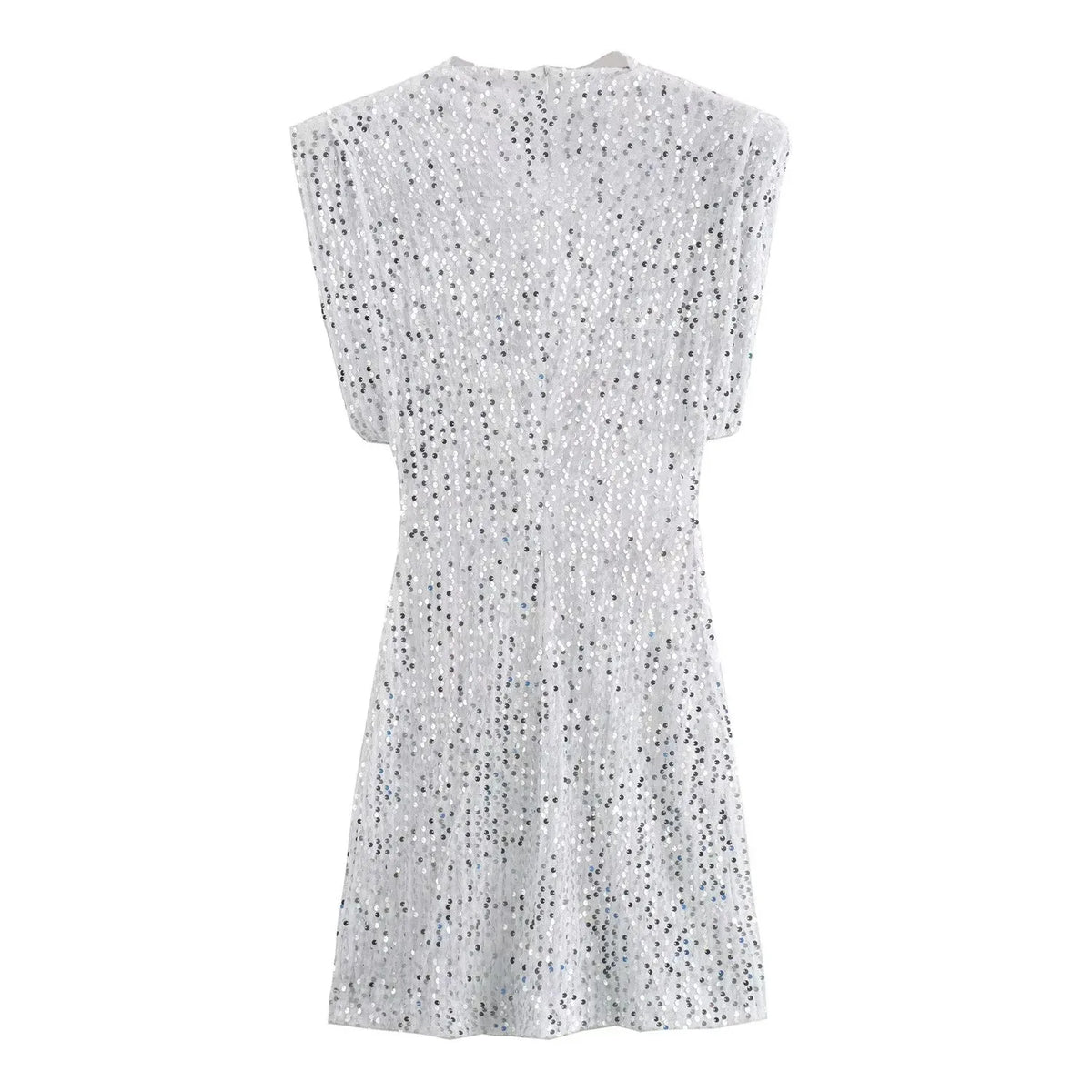Back view of the white sequinned mini dress laid flat 17
