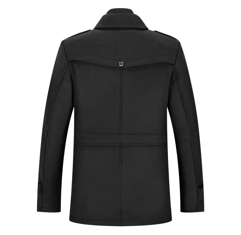 Back view of the black overcoat, showing the buttoned yoke flap and waist strap 17