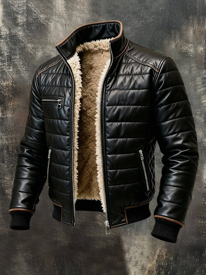 Black quilted faux-leather jacket with brown piping, shown unzipped at a three-quarter angle, revealing cream fleece lining 1