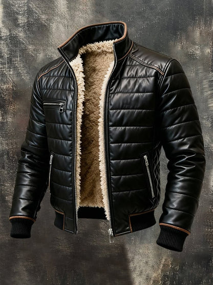 Black quilted faux-leather jacket with brown piping, shown unzipped at a three-quarter angle, revealing cream fleece lining 1