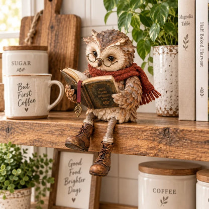 Closer view of the owl figurine with dangling boots on a rustic wooden shelf, beside a speckled mug, jars and a houseplant. 10