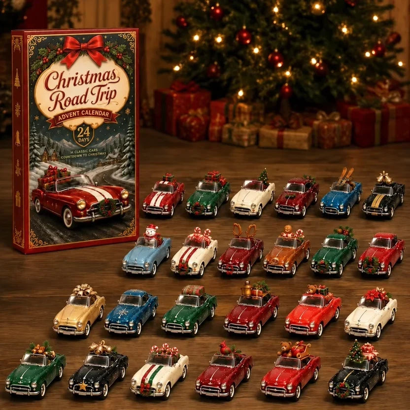 Christmas box with a red car scene, beside 24 small cars carrying festive decorations on a wooden floor 16