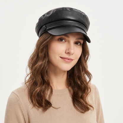 Smiling woman with wavy brown hair wearing the black baker boy hat with a beige jumper 18