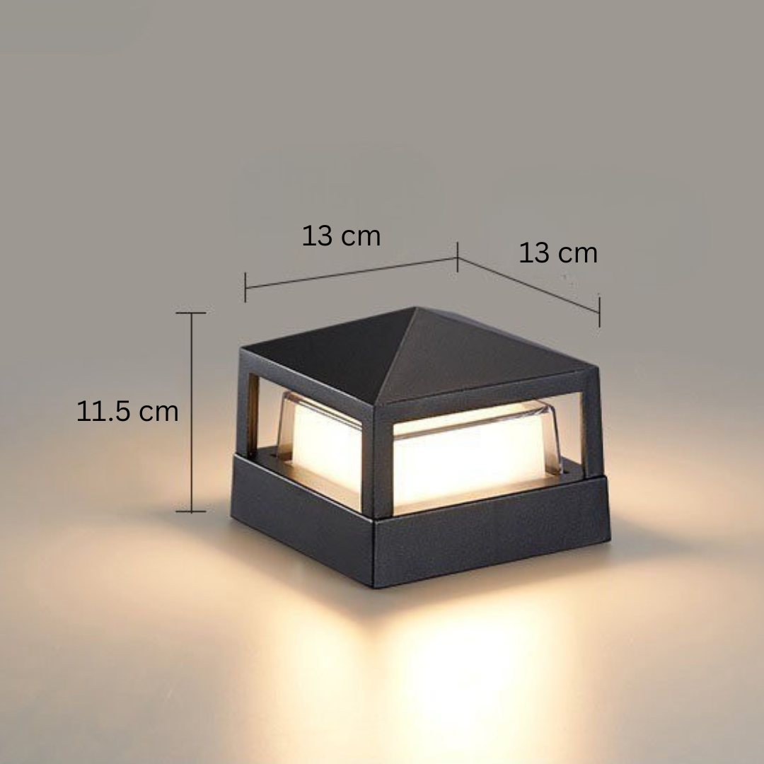 Square pyramid-roof light with dimension lines marking its width, depth and height, glowing on a neutral background. 16