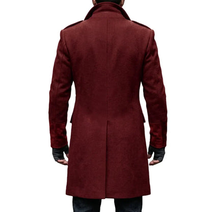 Back view of the burgundy overcoat on a model, with suede-look cuffs and fingerless gloves 18
