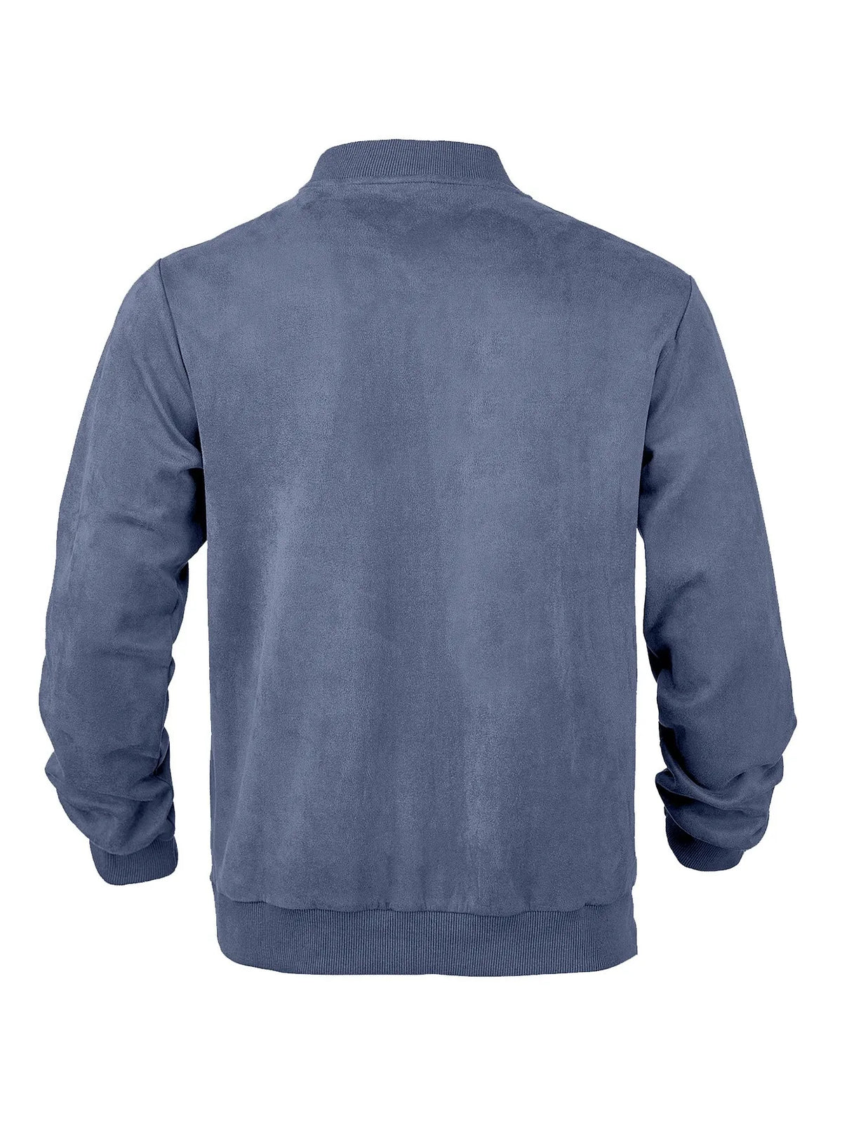Back of the blue jacket laid flat, with plain panel and ribbed collar, cuffs and hem 18