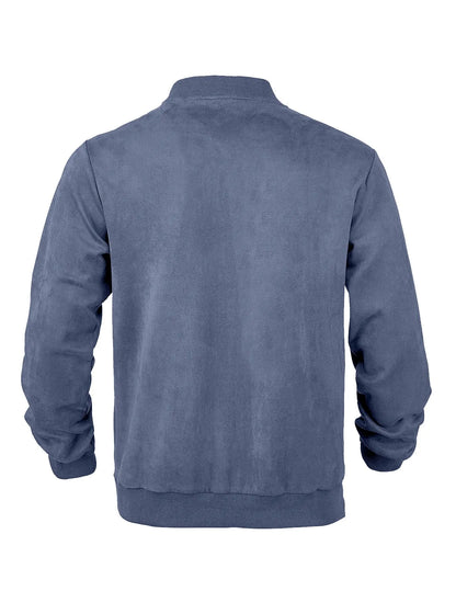 Back of the blue jacket laid flat, with plain panel and ribbed collar, cuffs and hem 18