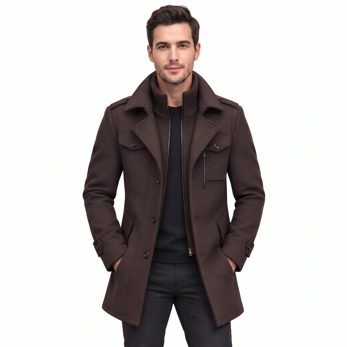 Man wearing the dark brown coat open over a black jumper and black trousers 18