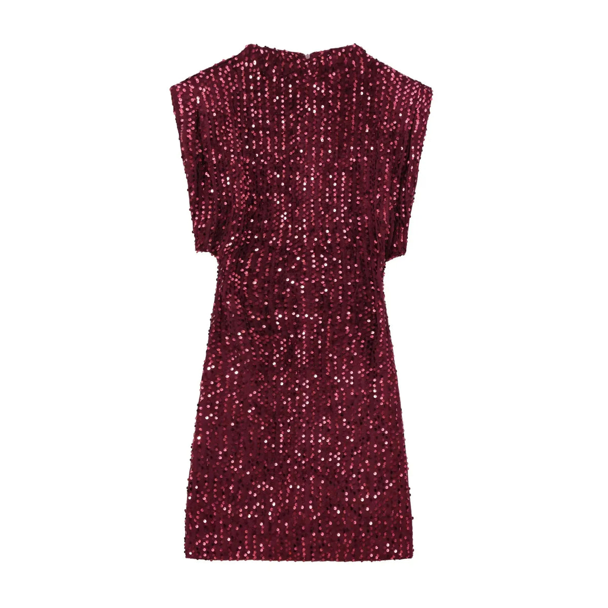 Front view of the burgundy sequinned mini dress laid flat, with structured shoulders 18