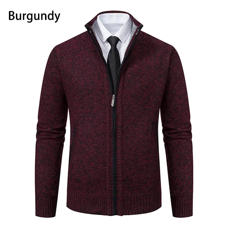 Front view of the burgundy marl zip cardigan with black zip trim and a fleecy collar lining 18