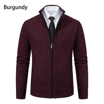 Front view of the burgundy marl zip cardigan with black zip trim and a fleecy collar lining 18