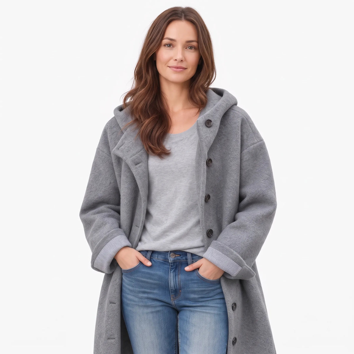 Studio view of a model in the grey hooded coat, striped cuffs turned back, hands in pockets 18