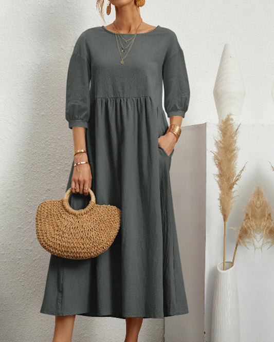 Midi dress with round neckline & lantern sleeves – Selina
