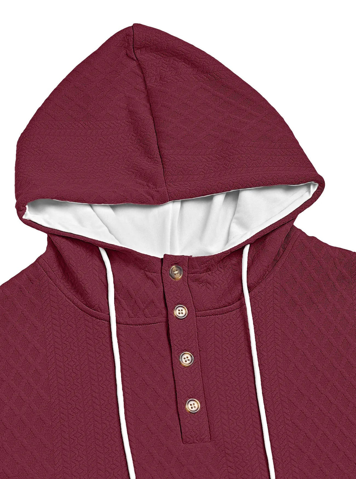 Close-up of a burgundy hoodie's hood and four-button placket with white drawstrings against a plain background 18