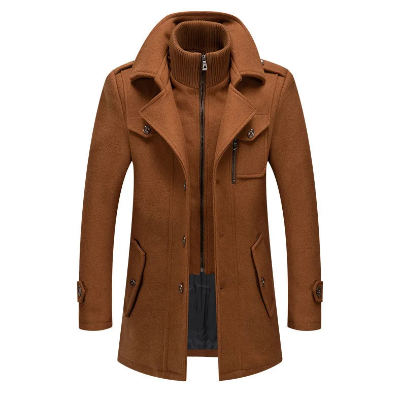 Camel-brown overcoat shown from the front, with zipped knitted inner collar and angled pockets 18