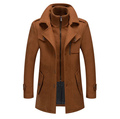 Camel-brown overcoat shown from the front, with zipped knitted inner collar and angled pockets 18