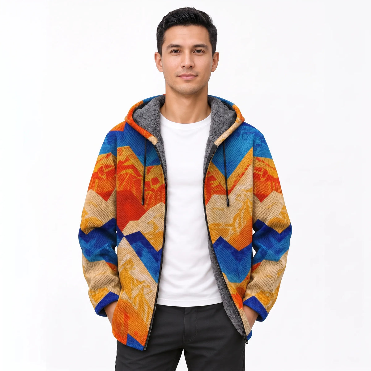 Model wearing the open jacket in a blue, orange and sandy zigzag chevron pattern 18