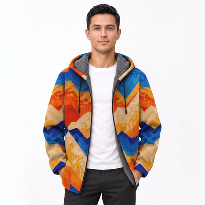 Model wearing the open jacket in a blue, orange and sandy zigzag chevron pattern 18