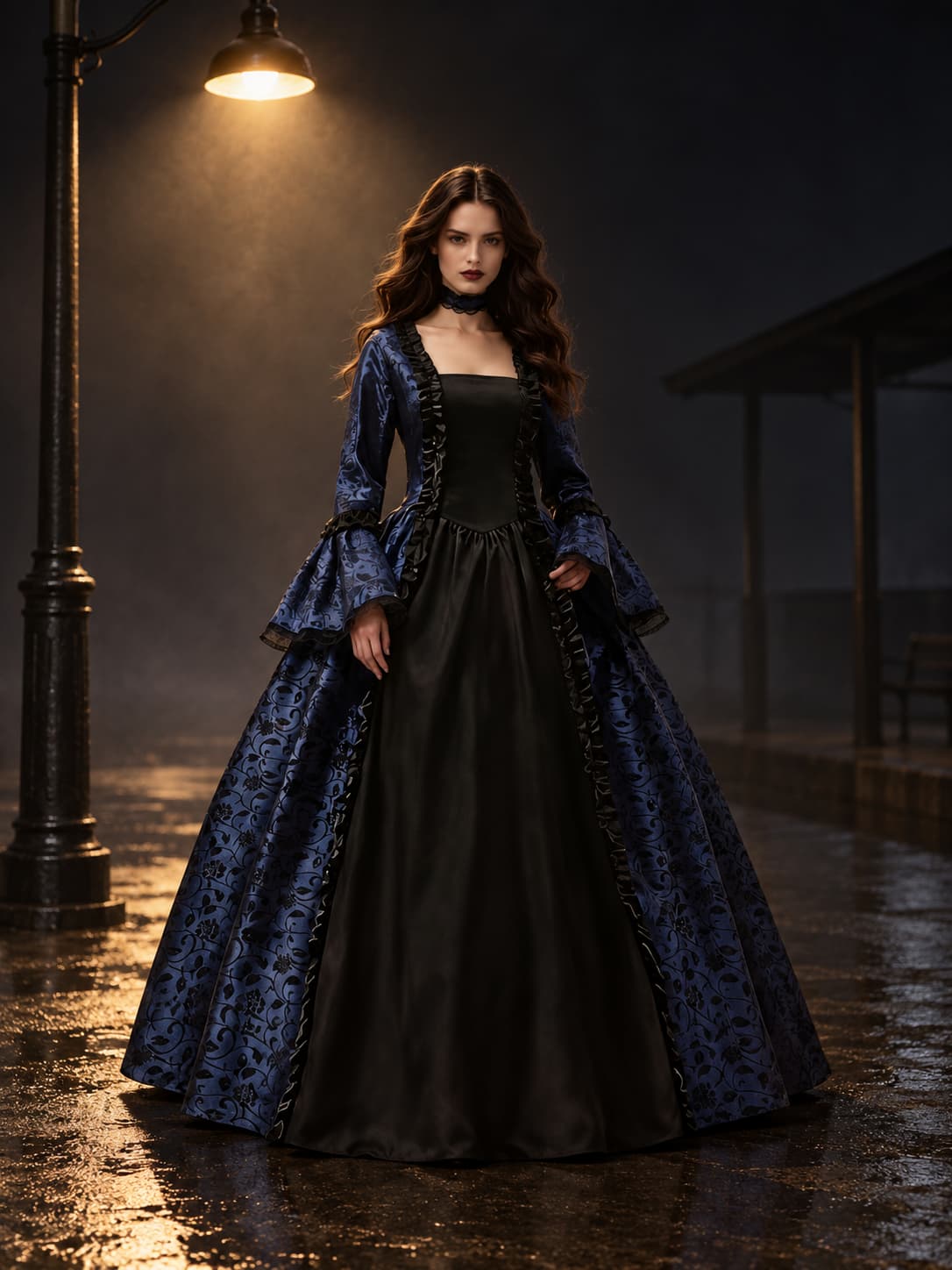 Model in the navy and black floral gown with flared sleeves, standing under a street lamp on a wet, moody night-time street. 1