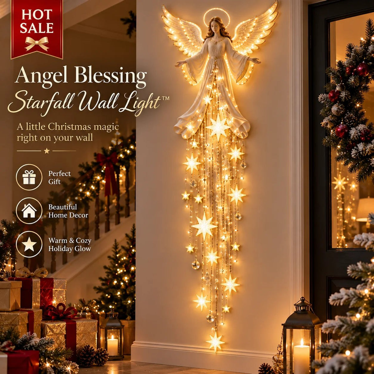 Glowing angel wall light with halo, spread wings and cascading lit stars beside a front door, framed by Christmas garlands and presents. 1