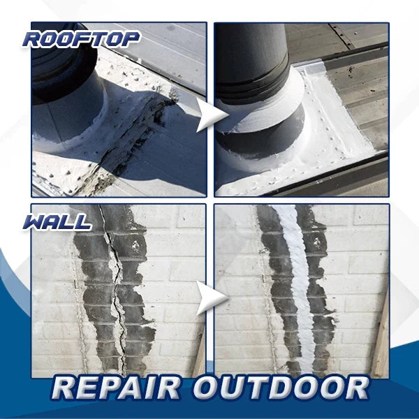 Before-and-after of a rooftop vent base and a cracked brick wall, repaired with white sealant 5