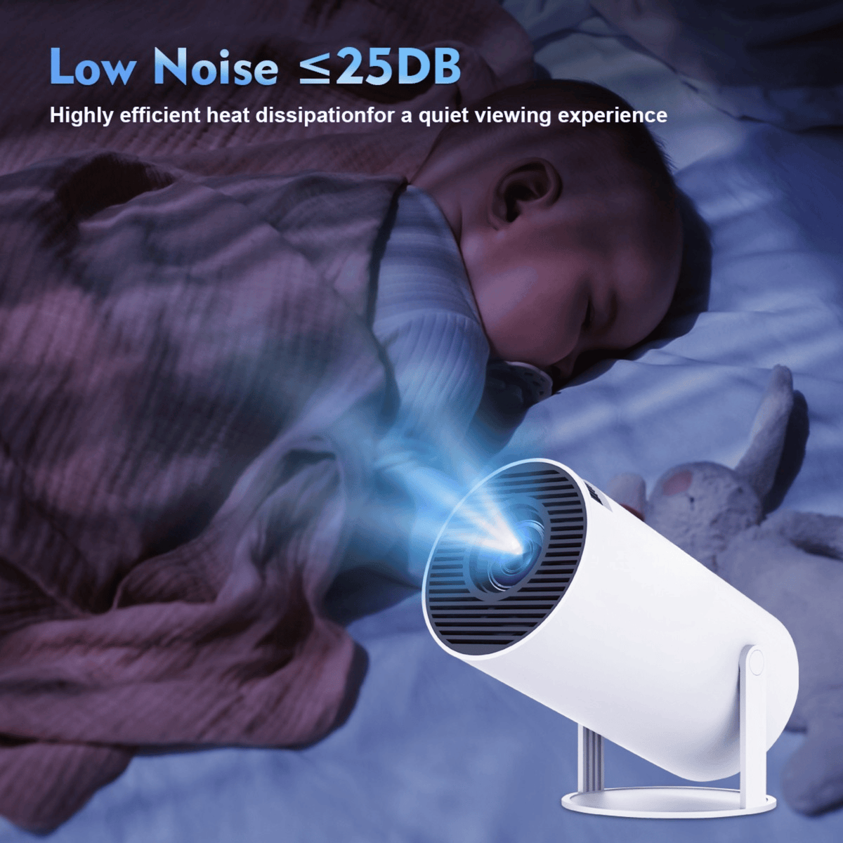 Projector beaming light beside a sleeping baby under a blanket, with a soft toy rabbit nearby 11