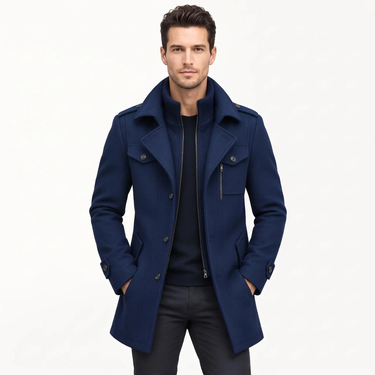 Man wearing the navy coat open over a dark jumper and black trousers, hands in pockets 19