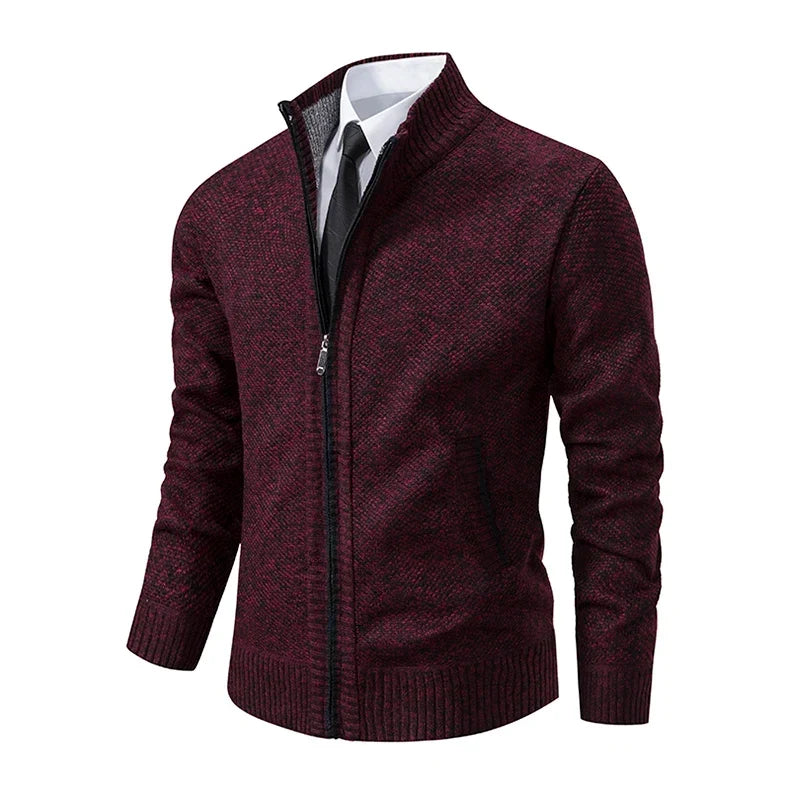 Burgundy marl zip cardigan at an angle, showing the mottled knit and ribbed hem and cuffs 19