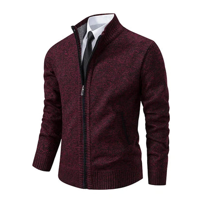 Burgundy marl zip cardigan at an angle, showing the mottled knit and ribbed hem and cuffs 19