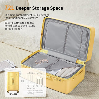 Airport-approved 55 cm hand luggage with a 30:70 split and a three-part polycarbonate hard shell.