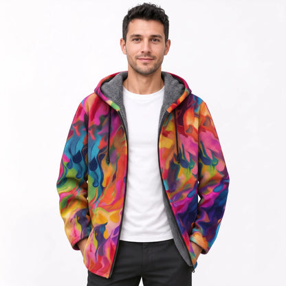 Model wearing the open jacket in a vivid abstract print of pink, orange, green and blue swirls 19
