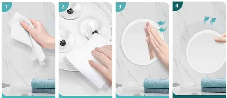 Four-step guide to fitting the mirror: wipe the wall, wipe the suction cups, press on, and lift off 5