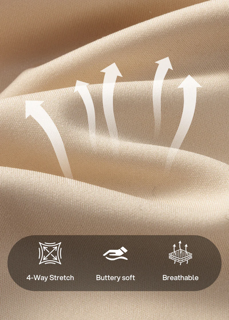 Close-up of soft beige fabric with arrows and icons for four-way stretch, softness and breathability. 18