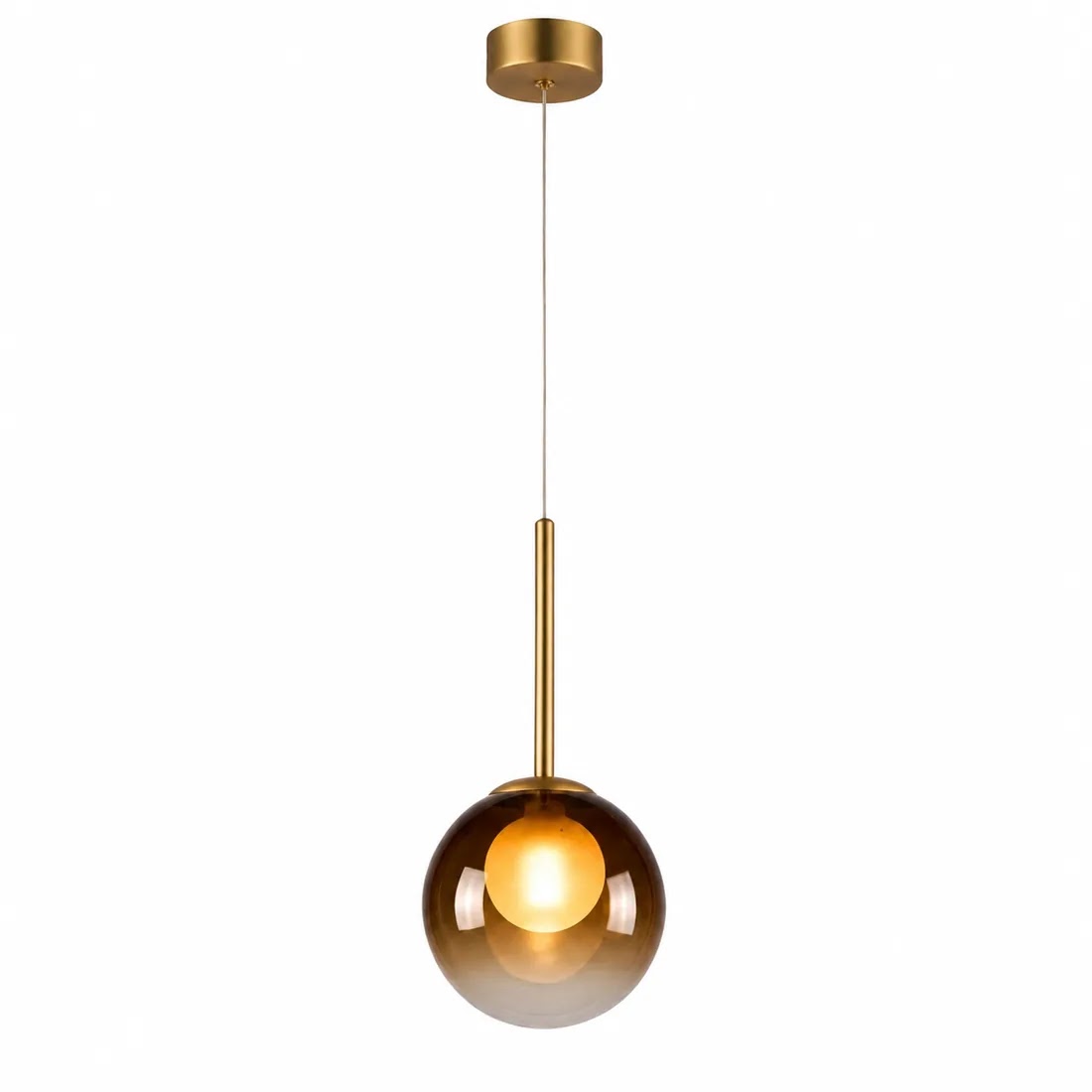 Amber glass globe pendant with brass stem and ceiling plate, switched on, against a white background 9