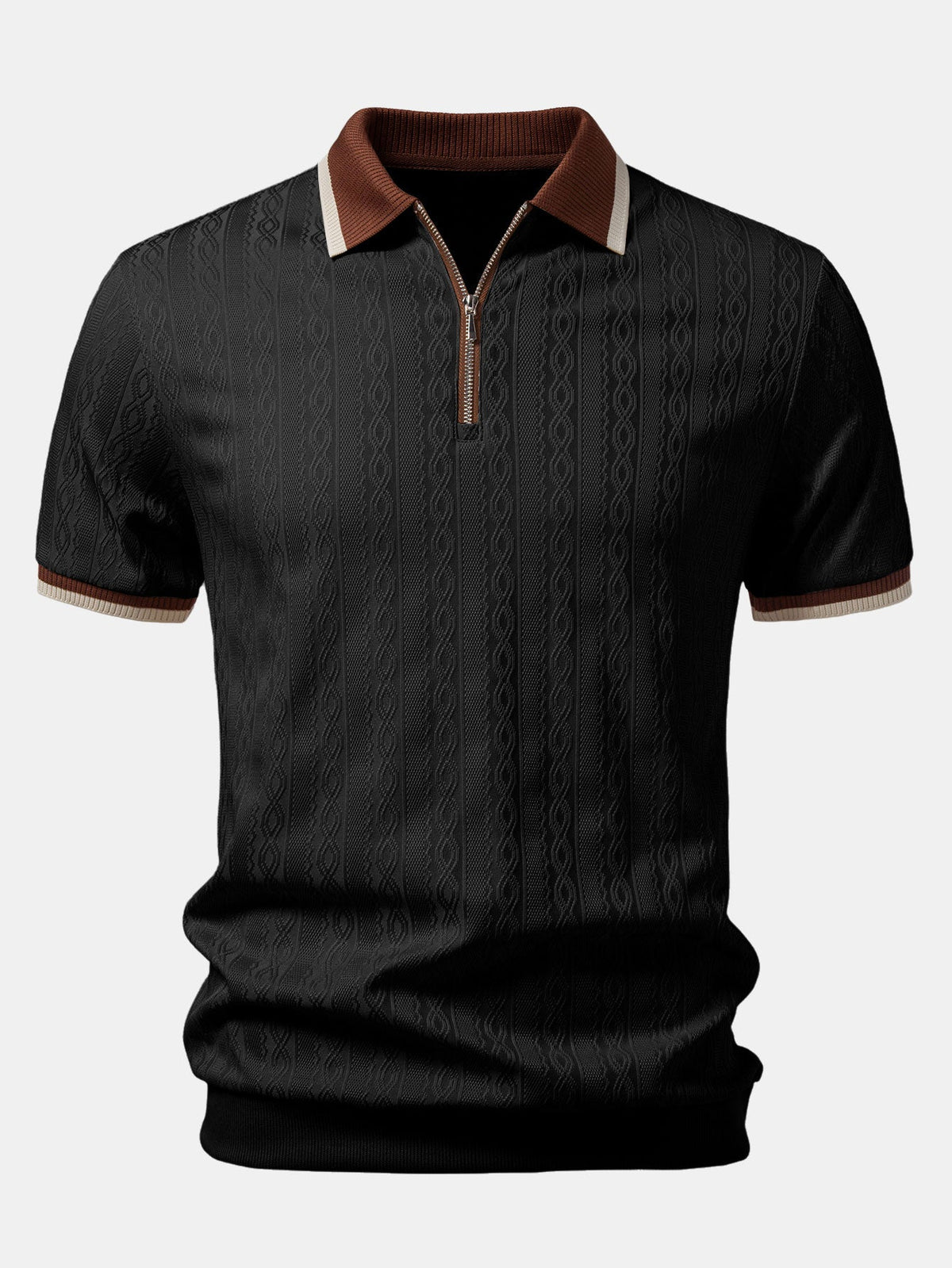 Front view of the black version, with brown collar, cream-edged cuffs and a silver quarter zip. 3