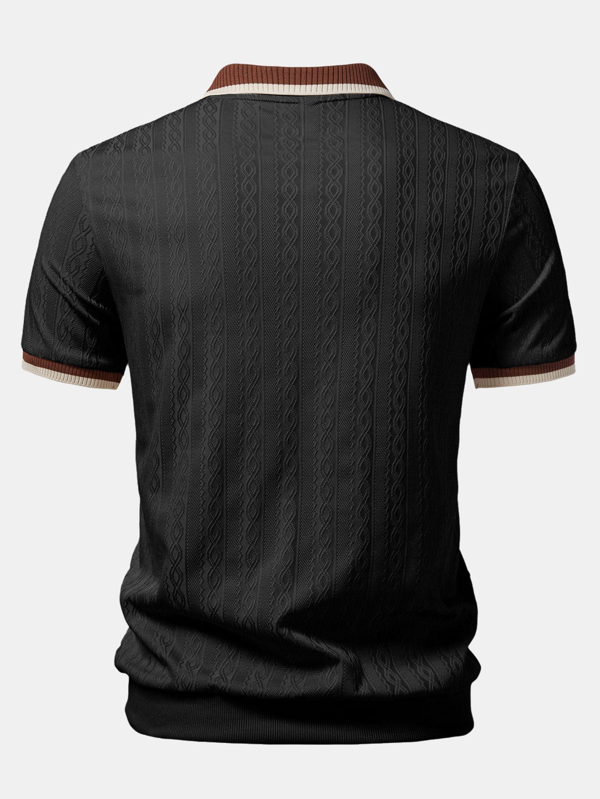 Back view of the black polo showing the vertical cable texture, striped collar edge and sleeve cuffs. 4