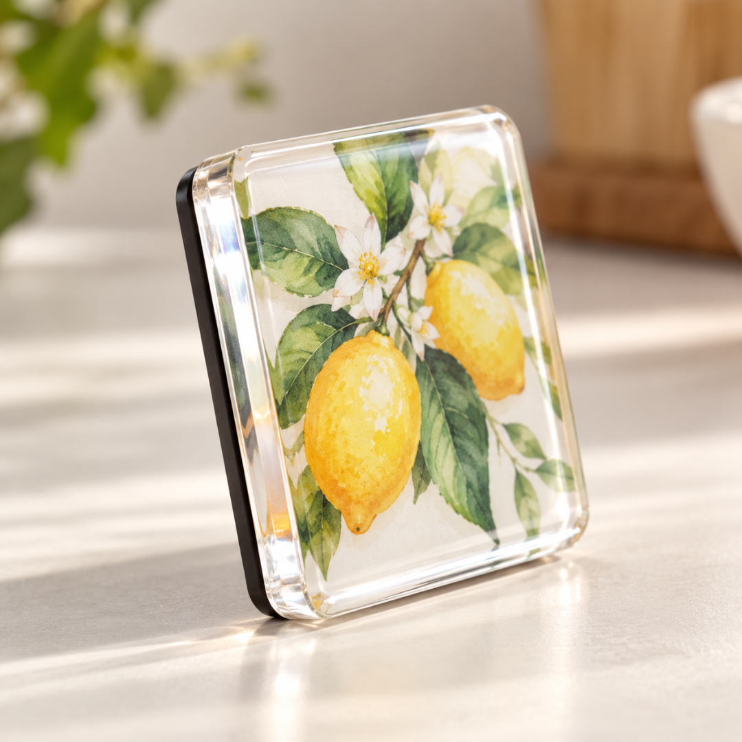 Single square clear acrylic magnet with a watercolour lemon and blossom print, standing at an angle on a worktop 1