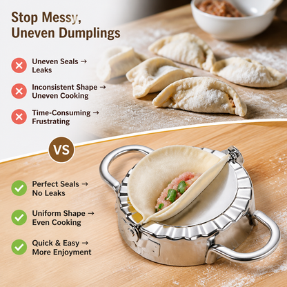 Comparison graphic: uneven hand-folded dumplings above, the steel mould pressing a neat filled dumpling below, with lists of drawbacks and benefits. 2