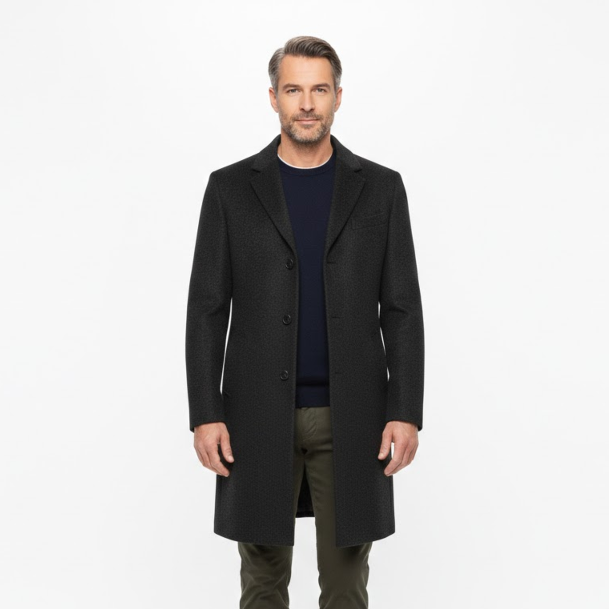 Man wearing the open coat over a navy jumper and olive trousers, seen from the front 2