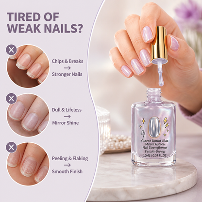 Hand lifting the brush from the open bottle, beside close-ups of weak, dull and peeling nails 2