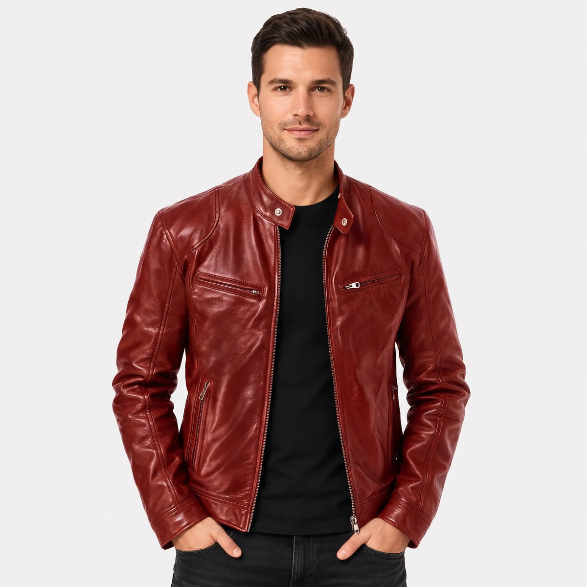 Model in a glossy red leather biker jacket over a black t-shirt, hands in pockets 1
